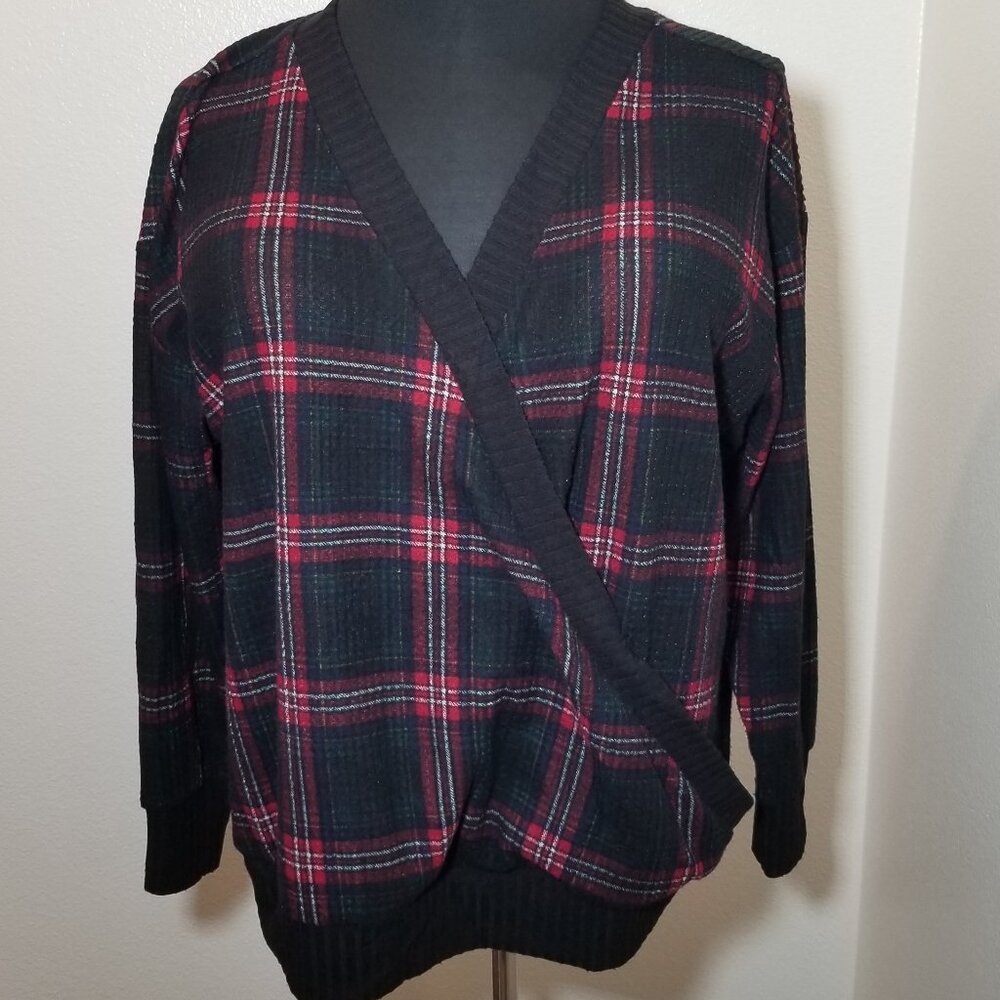 Torrid‎ Womens Size 2 Faux Wrap Long Sleeve Top Plaid Retro Boho Minimalist City